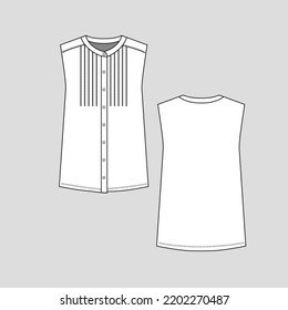 Sleeveless Henley Neck pleated t shirt Full Open Button panel vest singlet Fashion template cad drawing flat sketch vector