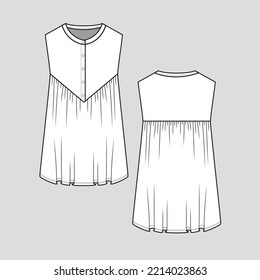 Sleeveless Henley Neck  t shirt top Button panel gathering  flat sketch Fashion design template drawing