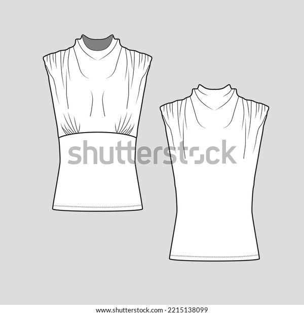 Sleeveless High Cowl Neck top\
Gathering Fashion Flat Sketch Technical Drawing Template design\
vector