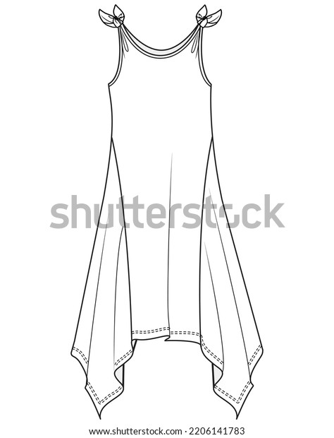 sleeveless high low dress fashion flat sketch
vector illustration cad
mockup.
