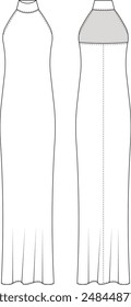 Ärmelloses hohes Nacken Rollkragen Rücken ohne gerade Hülle langes Maxi-Kleid Vorlage Technische Zeichnung Flache Skizze CAD Mockup Mode Frau Design Style Model 