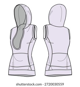 Chaqueta sin mangas con capucha para mujer ilustración técnica de maqueta de Vector plano.