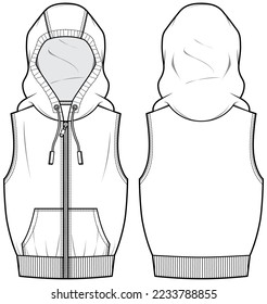 Sleeveless Hoodie jacket design flat sketch Illustration, Hooded sweater jacket with front and back view drawing, winter jacket for Men and women. for hiker, outerwear and workout in winter