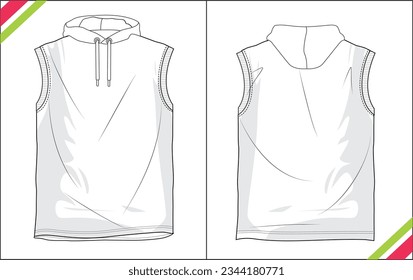 SLEEVELESS HOODIE SKETCH FASHION TEMPLATE TECHNICAL DRAWING ILLUSTRATION SEWING PATTERN