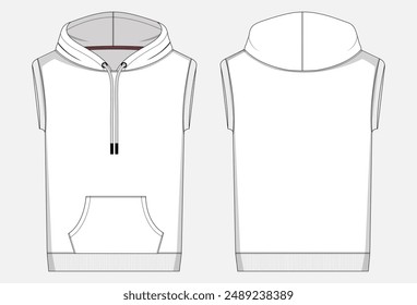 Sleeveless hoodie technical drawing fashion flat sketch vector illustration template front and back views. 