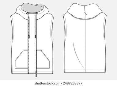 Ärmelloser Kapuzenpullover Technical Drawing Fashion Flat Sketch Vektorillustration Vorlage Vorder- und Rückansicht. 