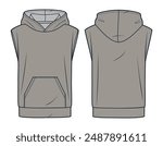 Sleeveless Hoodie technical fashion illustration. Hooded Sweatshirt fashion flat technical drawing template, pocket, front and back view, cappuccino brown, women, men, unisex CAD mockup.