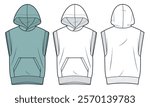 Sleeveless Hoodie technical fashion illustration. Hooded Sweatshirt fashion flat technical drawing template, pocket, front and back view, white, green, women, men, unisex CAD mockup set.