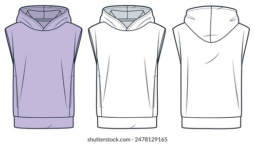 Sleeveless Hoodie technical fashion illustration. Hooded Sweatshirt fashion flat technical drawing template, pockets, front and back view, white, lilac color, women, men, unisex CAD mockup set.