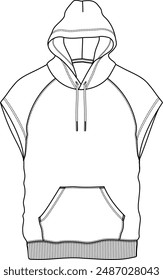 Sleeveless Hoodie Technical Fashion Illustration Mock-up Template for Design and Tech Packs