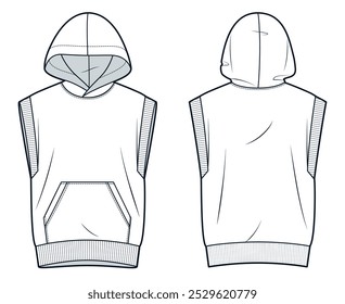 Sleeveless Hoodie technical fashion illustration. Hooded Sweatshirt fashion flat technical drawing template, pocket, front and back view, white, women, men, unisex CAD mockup.