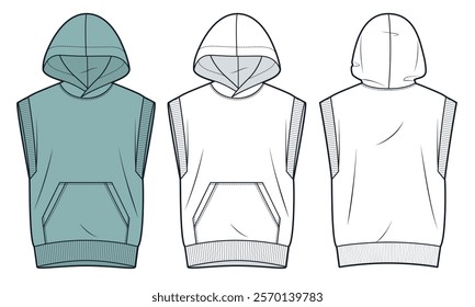 Sleeveless Hoodie technical fashion illustration. Hooded Sweatshirt fashion flat technical drawing template, pocket, front and back view, white, green, women, men, unisex CAD mockup set.