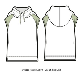Sudaderas sin mangas con capucha de diseño técnico plano sketch Vector maqueta Plantilla.