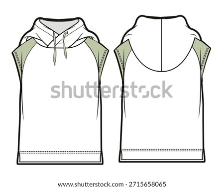 Sleeveless hoodies design technical flat sketch vector mockup template.
