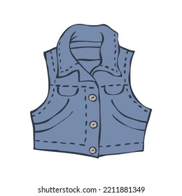 Sleeveless jacket with buttons for a child. Jeans blue. Children fashion and clothing. Active lifestyle. Vector art illustration isolated on white background. Hand drawn style outline