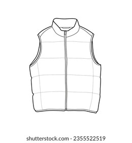 Sleeveless jacket, hooded puffer jacket Vector technical sketch. Mockup template.