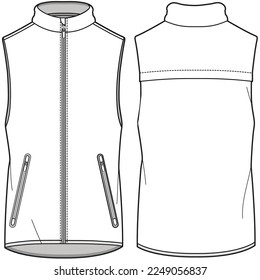 Geschmeidige Jacken, isolierte Weste, Windweste, Vorderseite und Rückansicht. Mode Illustration, Vektorgrafik, CAD, Technische Zeichnung, Flach-Zeichnung, Vorlage, Mock-up.