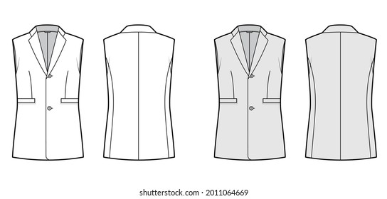 Sleeveless jacket lapelled vest waistcoat technical fashion illustration with notched collar, single breasted, pockets. Flat template front, back, white, grey color style. Women, unisex top CAD mockup