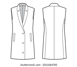 Sleeveless jacket lapelled vest waistcoat technical fashion illustration with button-up closure, pockets, oversized. Flat template front, back, white color style. Women, men unisex top CAD mockup