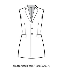 Sleeveless jacket lapelled vest waistcoat technical fashion illustration with notched collar, button-up, fitted body. Flat template front, white color style. Women, men unisex top CAD mockup