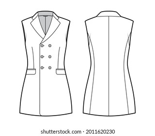 Sleeveless jacket lapelled vest waistcoat technical fashion illustration with double breasted fitted body, pockets. Flat template front, white color style. Women, men unisex top CAD mockup