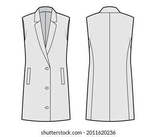 Sleeveless jacket lapelled vest waistcoat technical fashion illustration with button-up closure, pockets, oversized. Flat template front, back, grey color style. Women, men unisex top CAD mockup