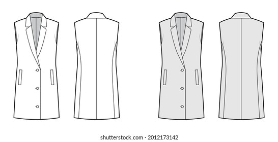 Sleeveless jacket lapelled vest waistcoat technical fashion illustration with button-up closure, pockets, oversized. Flat template front, back, white, grey color style. Women men unisex top CAD mockup
