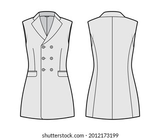 Sleeveless jacket lapelled vest waistcoat technical fashion illustration with double breasted fitted body, pockets. Flat template front, back, grey color style. Women, men unisex top CAD mockup