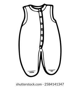 Sleeveless jumpsuit for baby. Hand drawn doodle. Newborn clothes. Little child's wardrobe. Childhood. Vector line art illustration.