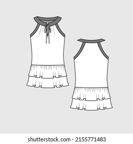 Sleeveless Knotted peplum ruffle hem top dress  fancy neck gathering knot tie detail halter  clothing t shirt  top fashion flat sketch technical drawing template design vector