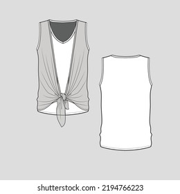 Sleeveless knotted t shirt top Blouse v neck front knot Fashion design drawing flat sketch template