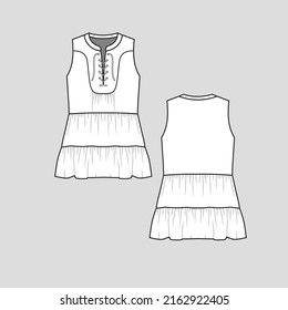 Sleeveless lace up ruffles top waist gathering front notch neck criss cross draw string detail  fashion clothing flat sketch technical drawing template