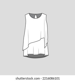 Sleeveless Layered Ruffles top Crew neck Back keyhole Fashion cad template flat sketch technical drawing
