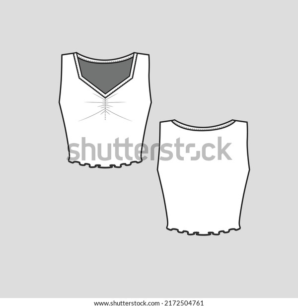 Sleeveless Lettuce hem Crop Top V Neck Ruched\
Detail lettuce cropped fashion T shirt blouse flat sketch technical\
drawing template design\
vector