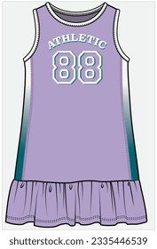 SLEEVELESS A LINE FRILL SPORTY KNIT DRESS WITH OMBRE PRINCESS PANEL AND VARSITY GRAPHIC DESIGNED FOR WOMEN AND TEEN GIRLS IN VECTOR FILE