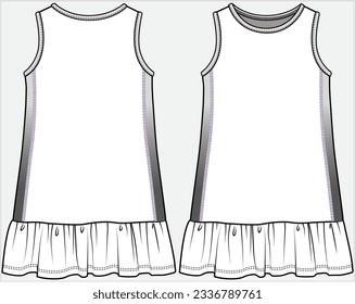 SLEEVELESS A LINE FRILL SPORTY KNIT DRESS WITH OMBRE PRINCESS PANEL AND VARSITY GRAPHIC DESIGNED FOR WOMEN AND TEEN GIRLS IN VECTOR FILE