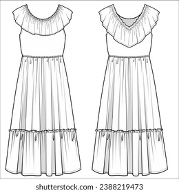 SLEEVELESS MAXI DRESS WITH RUFFLE DETAIL DESIGNED FOR FOR TEEN GIRL, TWEEN GIRLS AND KID GIRLS IN  VECTOR ILLUSTRATION