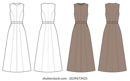 Sleeveless Midi Dress Vector, Midi dress template illustration