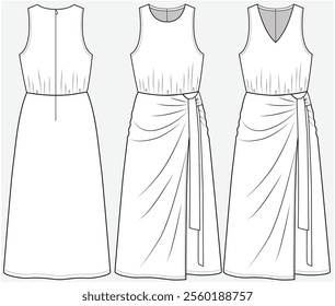 SLEEVELESS MIDI LENGTH DRESS WITH WRAP TIE UP DETAIL DESIGNED FOR YOUNG WOMEN AND WOMEN IN VECTOR FILE