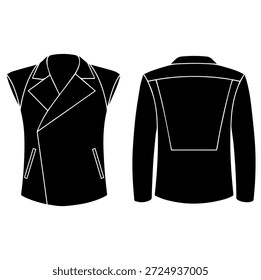 Chaqueta motera sin mangas de la motocicleta de la silueta plana del bosquejo, Plantilla del diseño del chaleco de la moda de los hombres para la fabricación, vista delantera y posterior