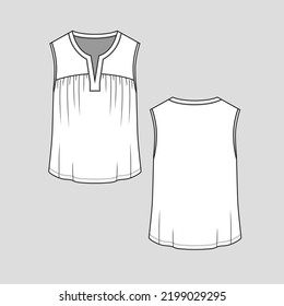 Sleeveless Notch neck  top Front Gathering vest singlet t shirt flat sketch technical Drawing Vector Fashion Design Template