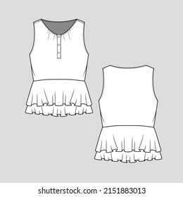 Sleeveless Peplum Ruffle top V Neck button panel  ruffles hem detail t shirt  technical drawing template design vector