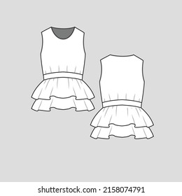 sleeveless Peplum top crew neck vest peplum waist dress fashion blouse t shirt top flat sketch technical drawing template design vector