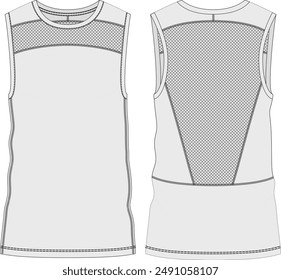 Sleeveless performance shirt technical fashion illustration vector CAD template featuring mesh panelling.