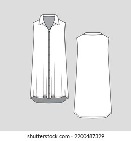 Sleeveless Polo Collar Dress Collar neck full open button panel high low hem dresses Fashion design template flat sketch drawing