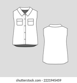 Sleeveless Polo Collar Neck t shirt top Button panel flap pocket high low dip hem fashion flat sketch template vector