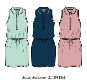 Sleeveless Polo Dress Set. Fashion Illustration Vector, CAD, technical drawing