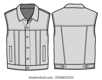 Vista frontal y posterior de la Chaqueta Racer sin mangas. Ilustración de vectores de sketch plano de moda, CAD, dibujo técnico, plano plano, plantilla, mordaza.