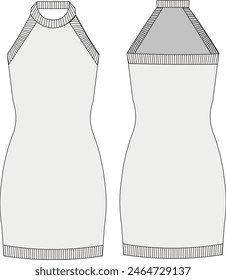 Ärmelloses geripptes Rundhalsausschnitt-Rundhalsausschnitt-rückenloses Halfter-Bodycon-Kurzkleid-Vorlage-technisches Zeichnen-Flachskizze-CAD-Mockup-Mode-Frau-Design-Stil-Modell