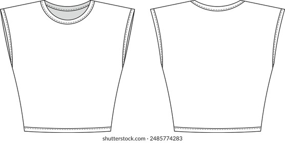 sleeveless round neck crew neck crop cropped tank top blouse template technical drawing flat sketch cad mockup fashion woman design style model 